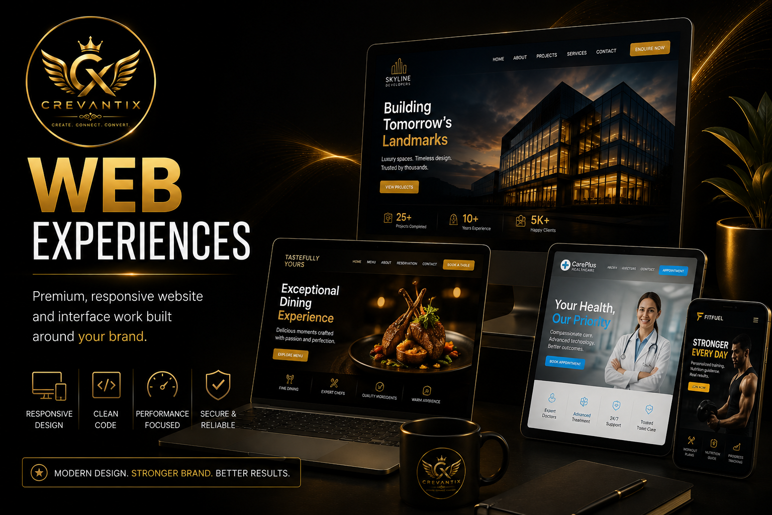 Layered gold light trails representing web experiences