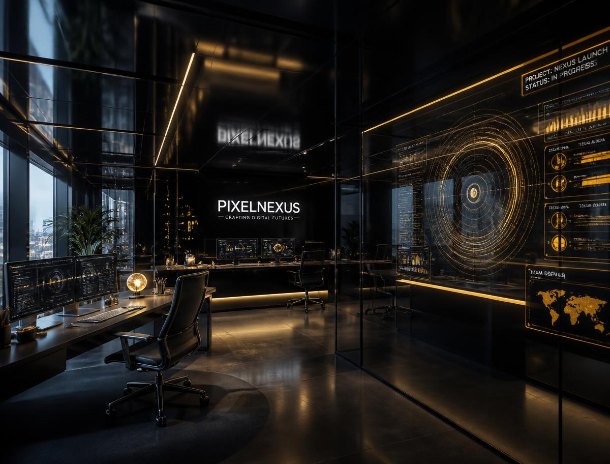 Premium futuristic black and gold digital agency studio with holographic interfaces