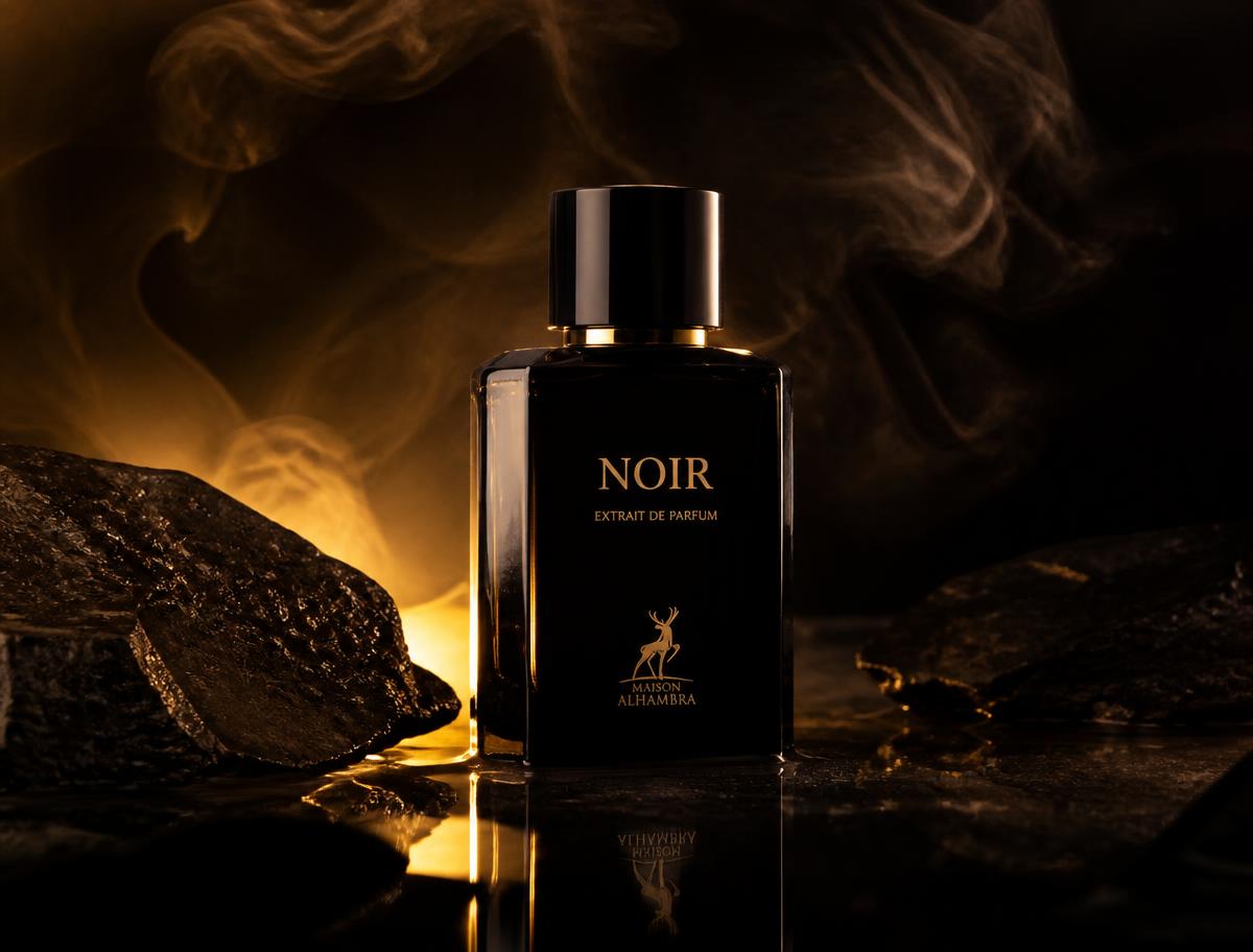 Cinematic luxury perfume bottle commercial still with golden rim lighting and smoke