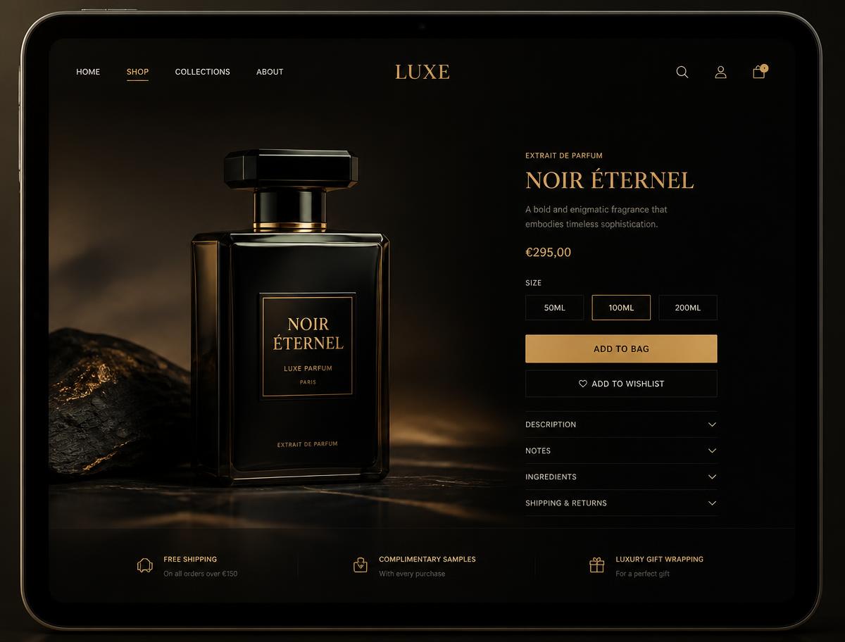 Luxury black and gold e-commerce product page for a designer perfume on a tablet