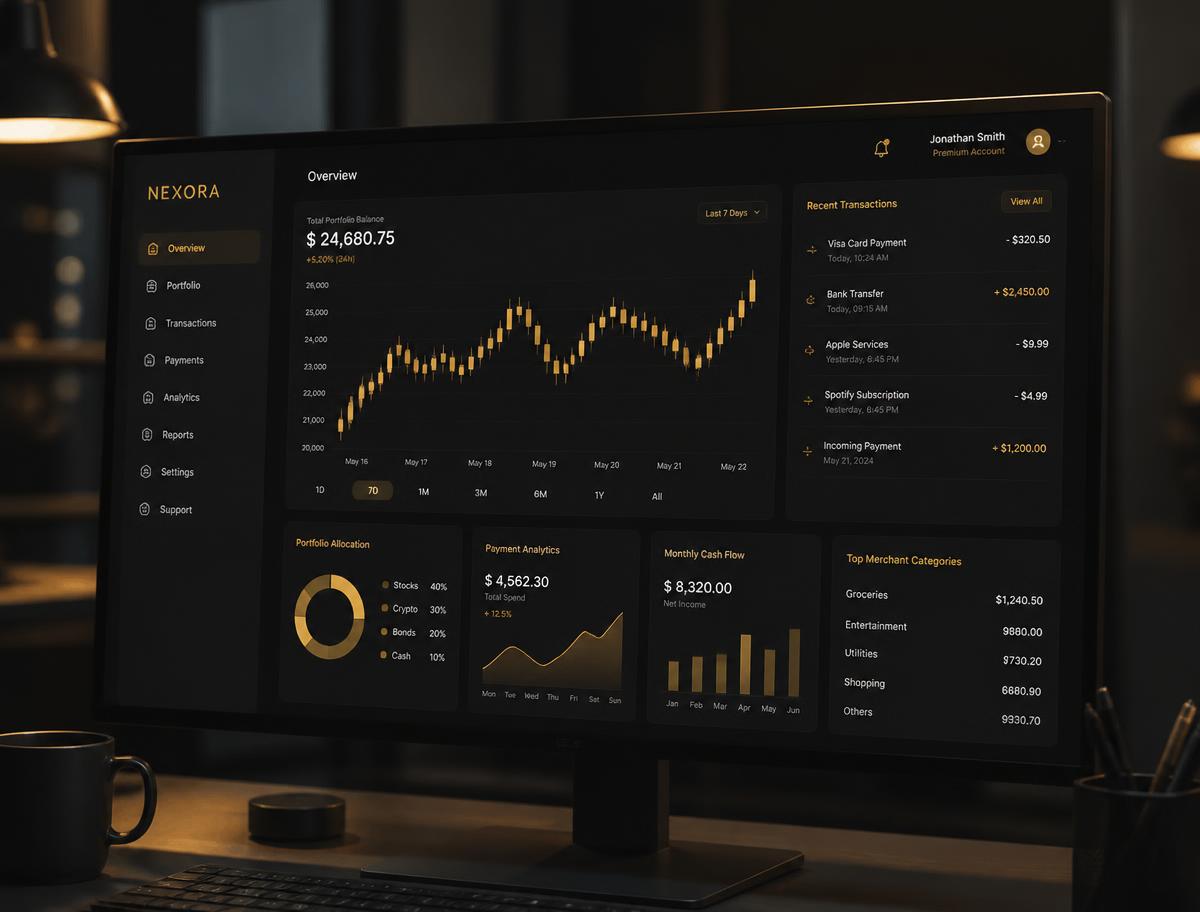 Sophisticated dark fintech dashboard with gold candlestick charts and portfolio balances