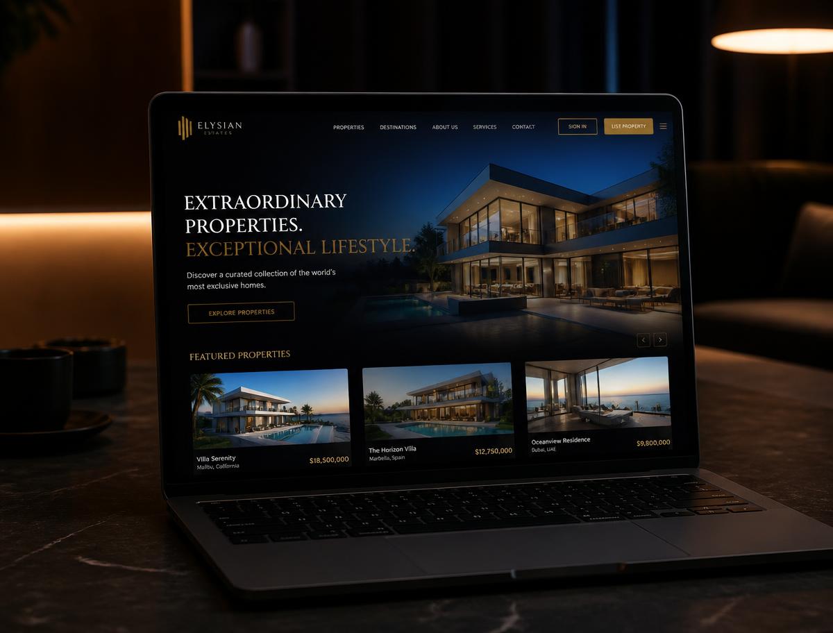 Premium real estate website with luxury villa listings displayed on a laptop