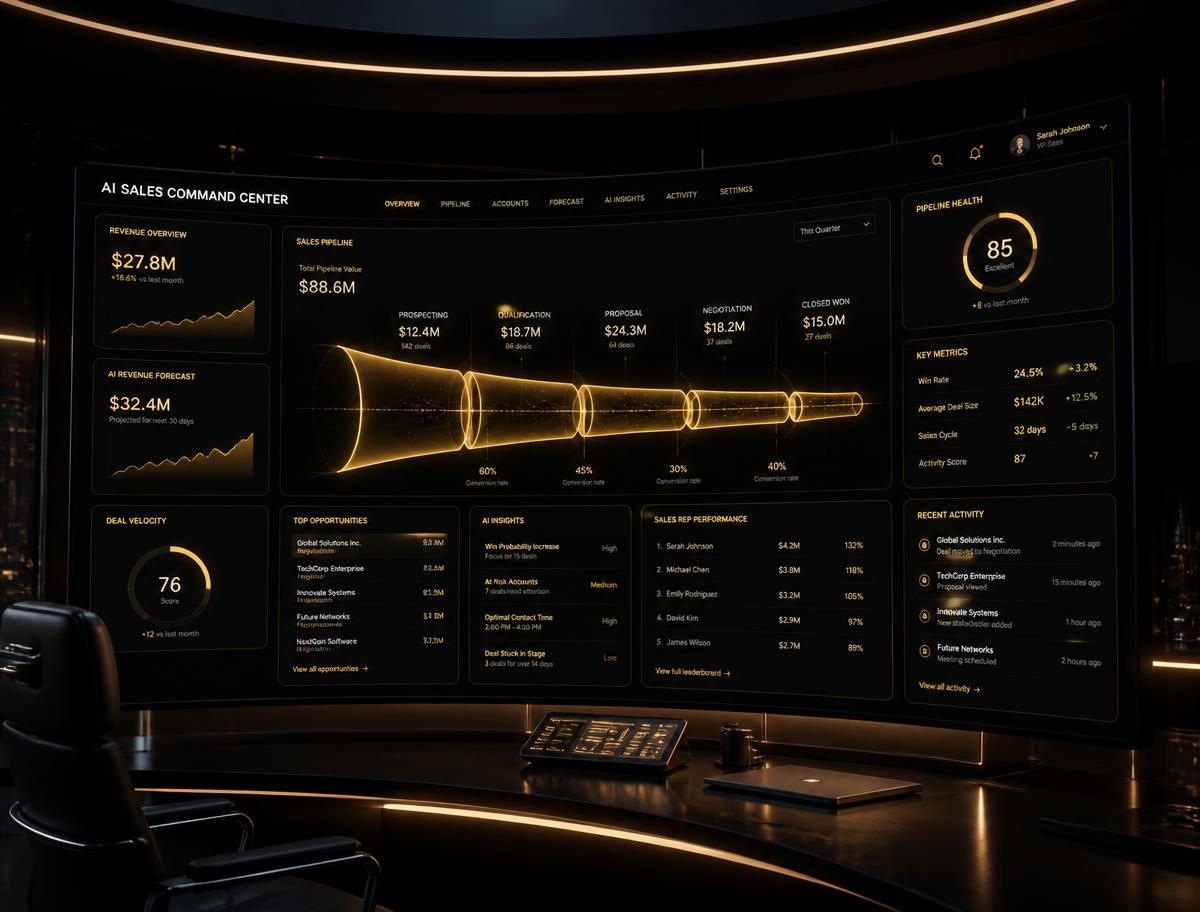 Futuristic AI sales command center dashboard with glowing gold pipeline visualizations