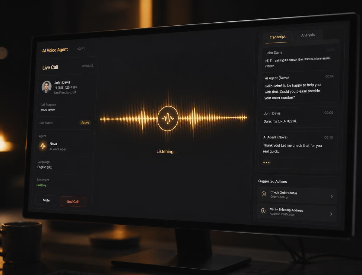 AI customer support voice agent interface with gold call waveform and live transcript